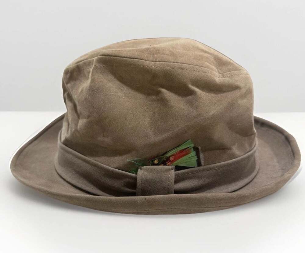 Vintage Stevens Men’s Brown Fedora Trilby Hat Feather Accent Suede Look